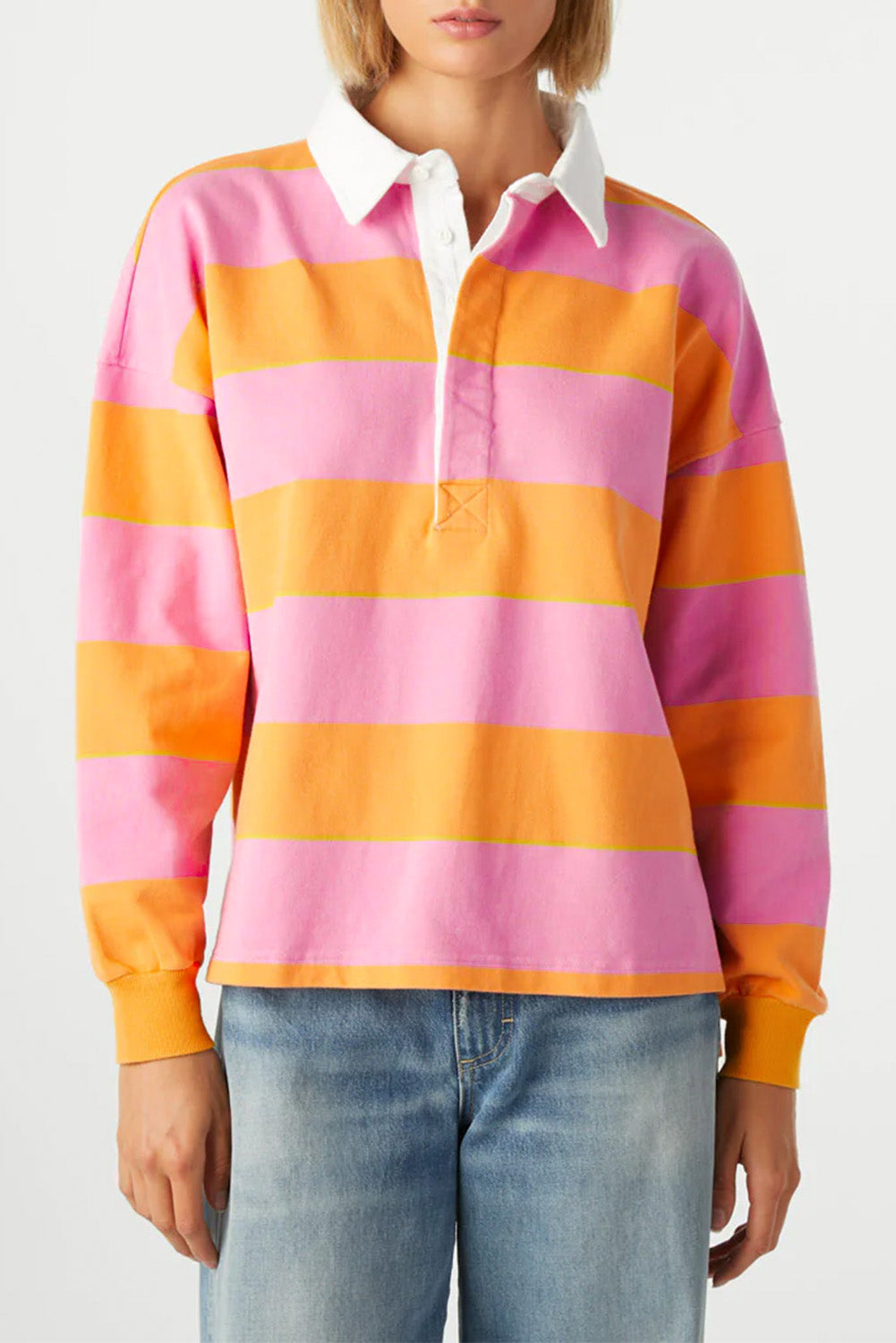 Yellow Stripe Color Block Polo Collar Sweatshirt Sweatshirts & Hoodies JT's Designer Fashion