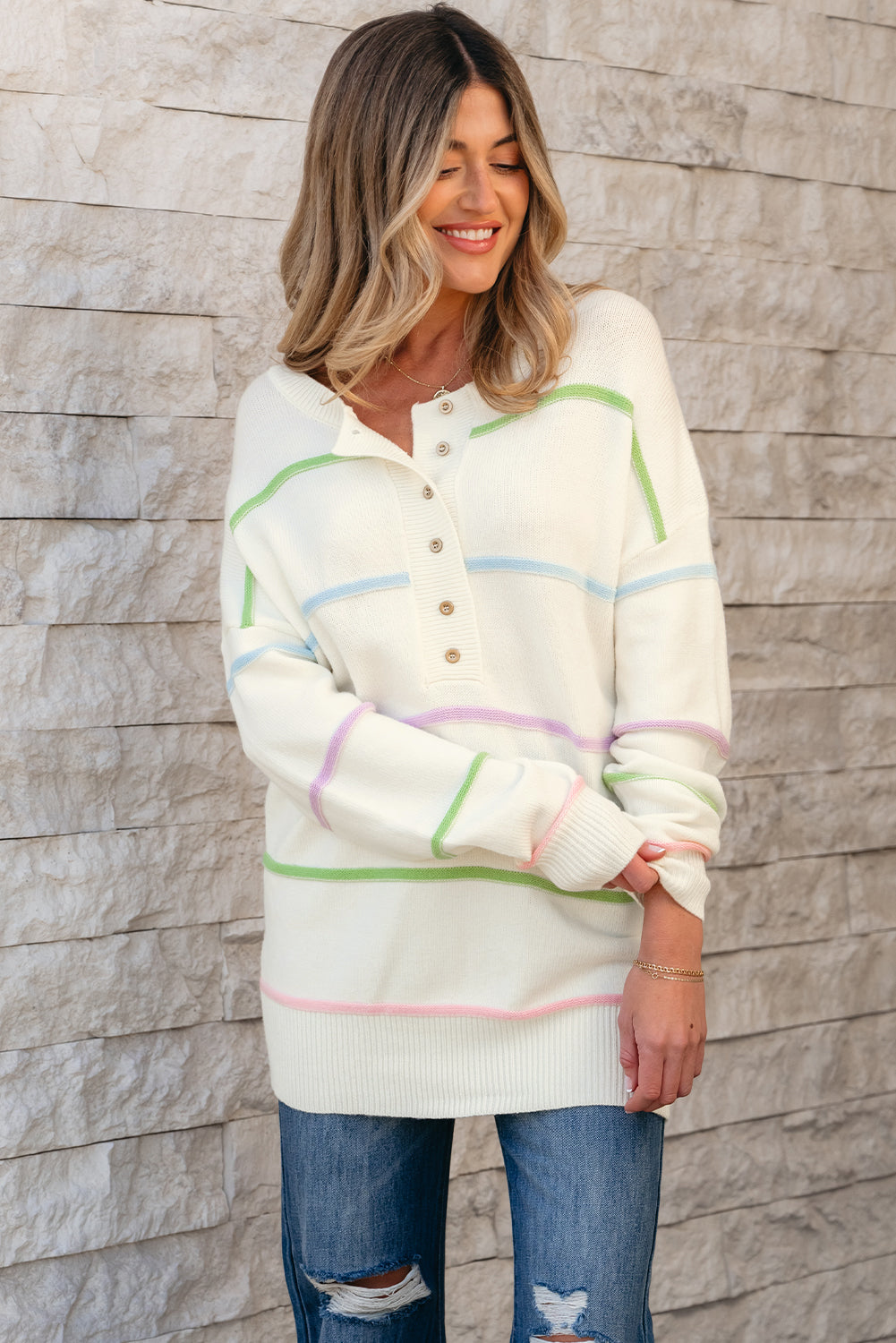 White Rainbow Stripes Drop Shoulder Baggy Henley Sweater Sweaters JT's Designer Fashion