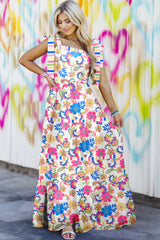 Rose Red Striped Trim Self-tie Straps Floral Maxi Dress Floral Dresses JT's Designer Fashion