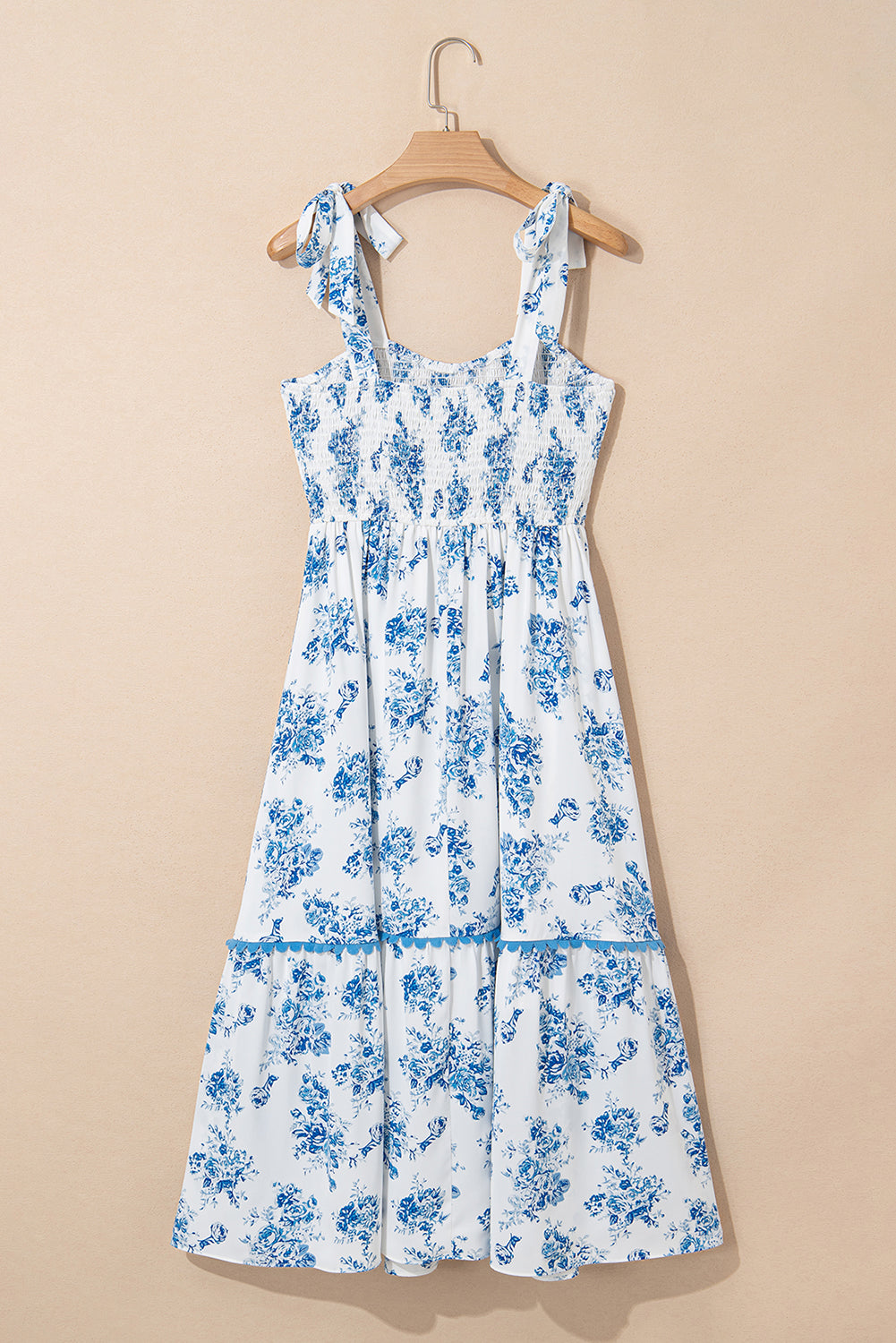 Sky Blue Floral Print Shirred Knot Shoulder Sleeveless Long Dress Floral Dresses JT's Designer Fashion