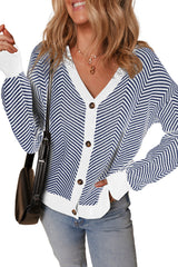 Blue Stripe Buttoned Front V Neck Herringbone Cardigan Cardigans JT's Designer Fashion