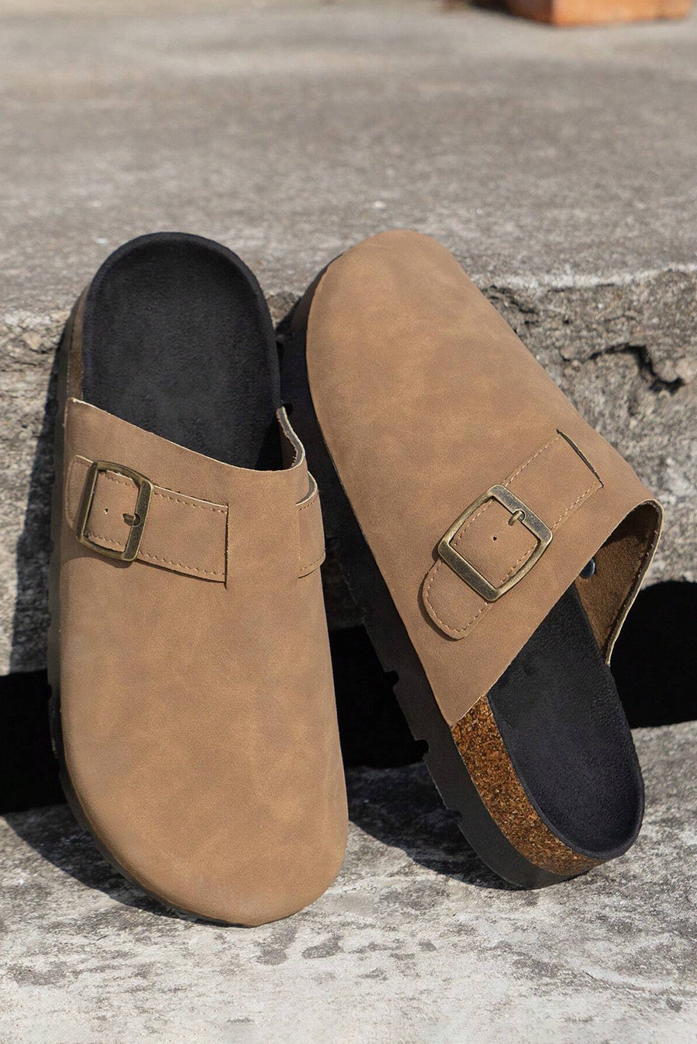 Light French Beige Suede Buckle Detail Slippers Slippers JT's Designer Fashion