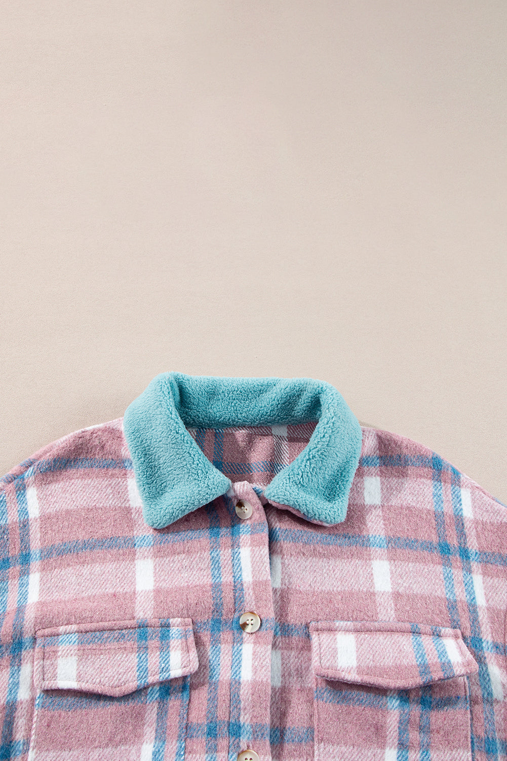 Pink Plaid Print Color Block Collared Flap Pockets Loose Shacket Plaid Shackets JT's Designer Fashion