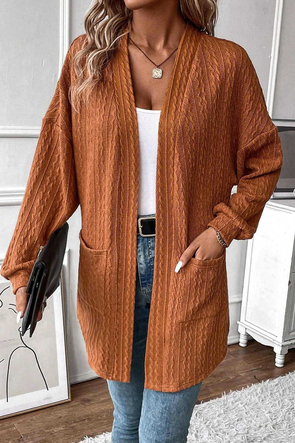 Chestnut Textured Knit Side Pockets Open Front Cardigan Chestnut 97%Polyester+3%Elastane Cardigans JT's Designer Fashion