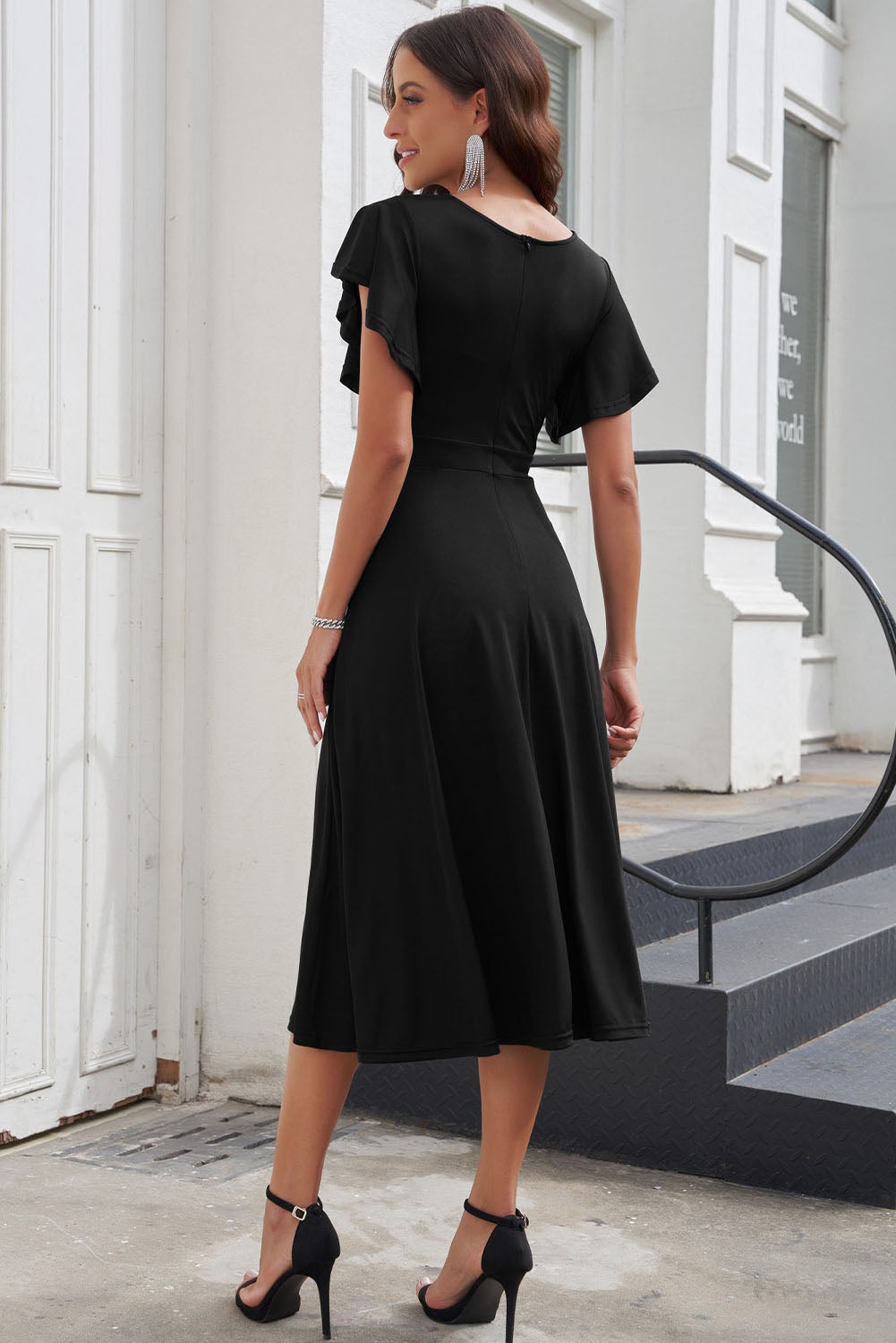Black Ruffled Sleeve Wrap V Neck Midi Dress Midi Dresses JT's Designer Fashion