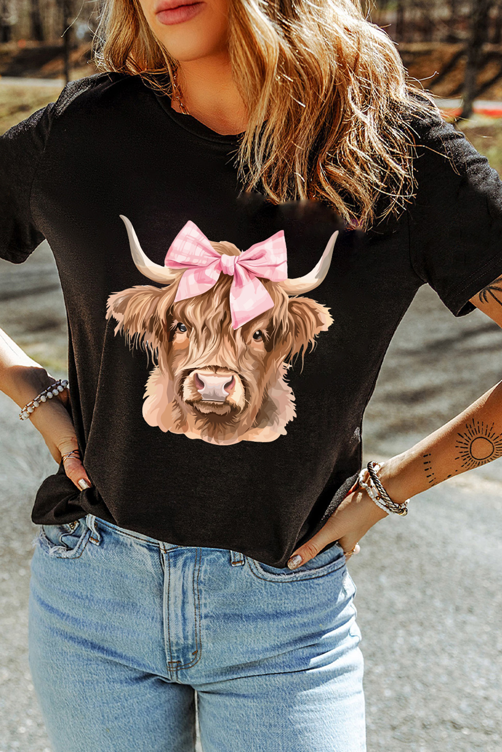 Black Bow Cow Head Graphic Western Fashion T Shirt Graphic Tees JT's Designer Fashion
