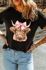 Black Bow Cow Head Graphic Western Fashion T Shirt Graphic Tees JT's Designer Fashion
