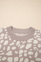 Gray Leopard Spots Pattern Ribbed Trim Drop Shoulder Sweater Sweaters JT's Designer Fashion