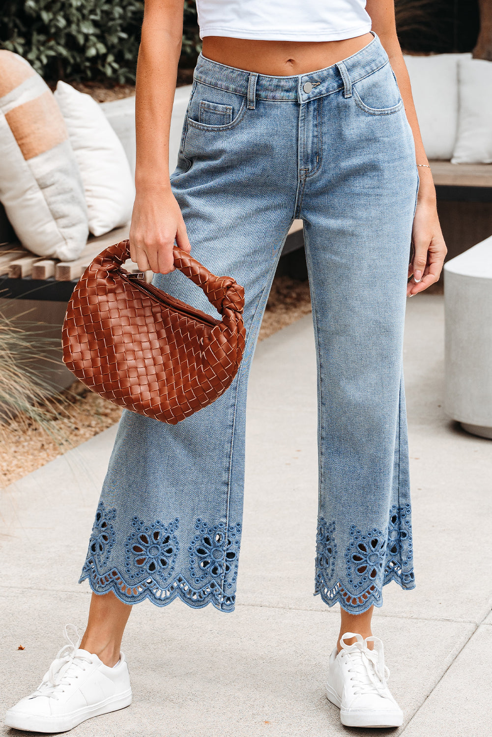 Dusk Blue Embroidered Cropped Wide Leg High Waist Jeans Dusk Blue 75%Cotton+12.7%Polyester+12.3%Viscose Jeans JT's Designer Fashion
