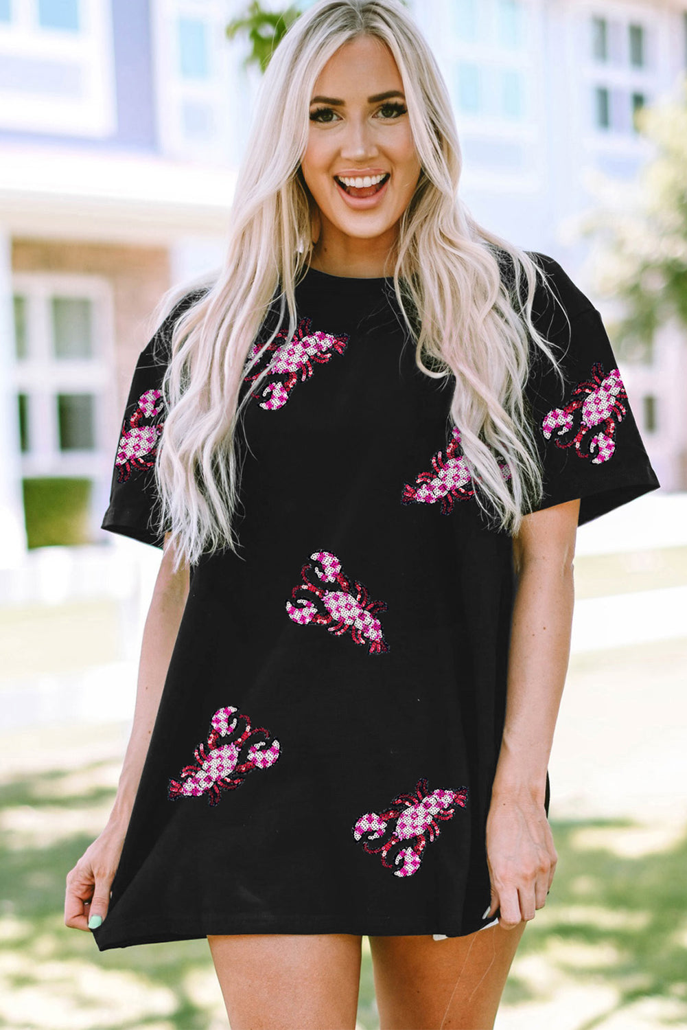 Black Sequin Crawfish Patched Crew Neck Tee Graphic Tees JT's Designer Fashion