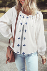 White Geometric Embroidered Long Sleeve Buttoned Blouse White 100%Cotton Blouses & Shirts JT's Designer Fashion