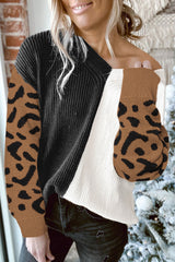 Leopard Print Contrast Color V Neck Sweater Sweaters & Cardigans JT's Designer Fashion
