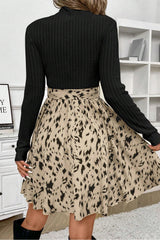 Black Ribbed Knit Patchwork Printed Belted A-line Dress Mini Dresses JT's Designer Fashion