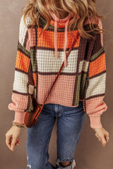Orange Color Block Waffle Knit Drawstring Mock Neck Sweater Sweaters JT's Designer Fashion