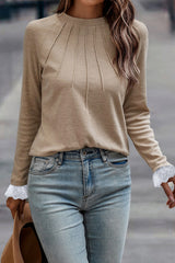 Parchment Seam Detail Lace Contrast Cuffs Raglan Sleeve Top Long Sleeve Tops JT's Designer Fashion