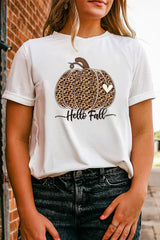 White Hello Fall Leopard Pumpkin Graphic T Shirt Graphic Tees JT's Designer Fashion