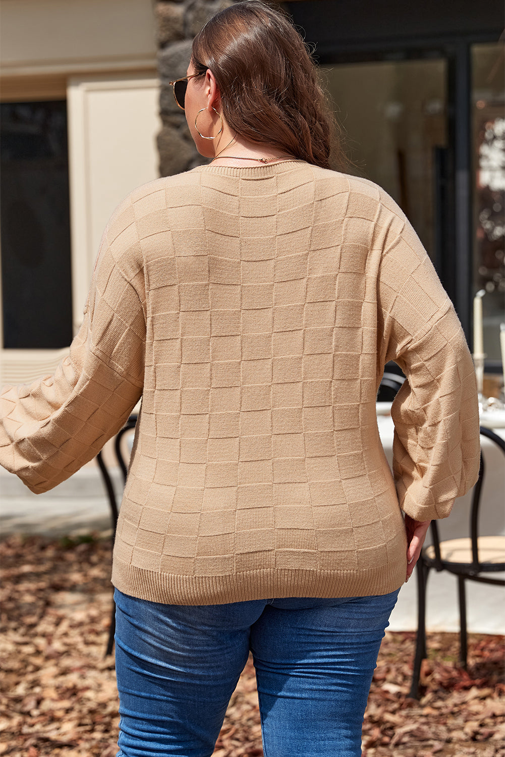 Light French Beige Solid Checkered Textured Knit Plus Size Sweater Plus Size Sweaters & Cardigans JT's Designer Fashion