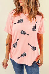 Pink Leopard Guitar Sequin Patch Crew Neck Tee Graphic Tees JT's Designer Fashion