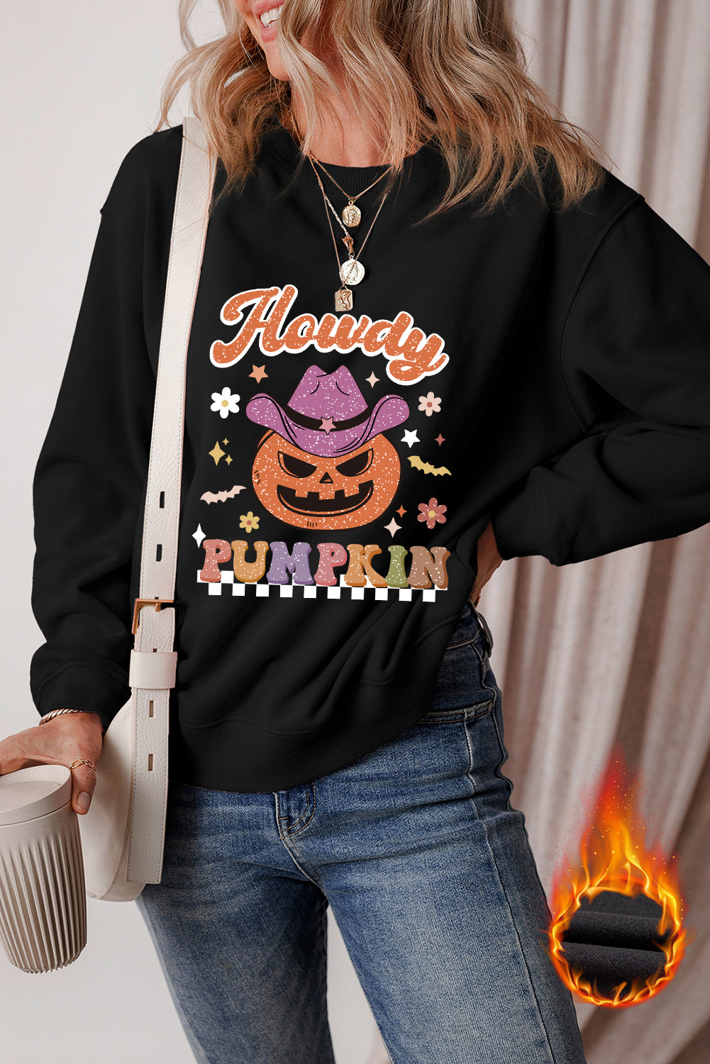 Black Halloween Howdy PUMPKIN Print Crew Neck Pullover Sweatshirt Graphic Sweatshirts JT's Designer Fashion