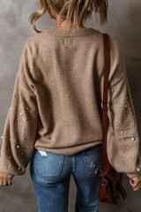 Smoke Gray Pearled Drop Shoulder Round Neck Sweater Sweaters JT's Designer Fashion