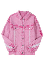 Pink Lace Patchwork Distressed Buttoned Denim Jacket Denim Jackets JT's Designer Fashion