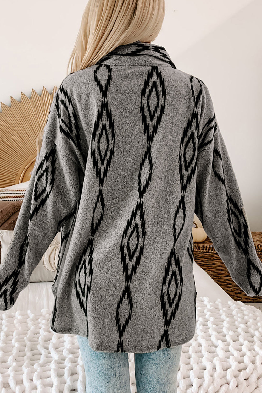 Gray Aztec Contrast Chest Pockets Loose Shacket Jackets JT's Designer Fashion