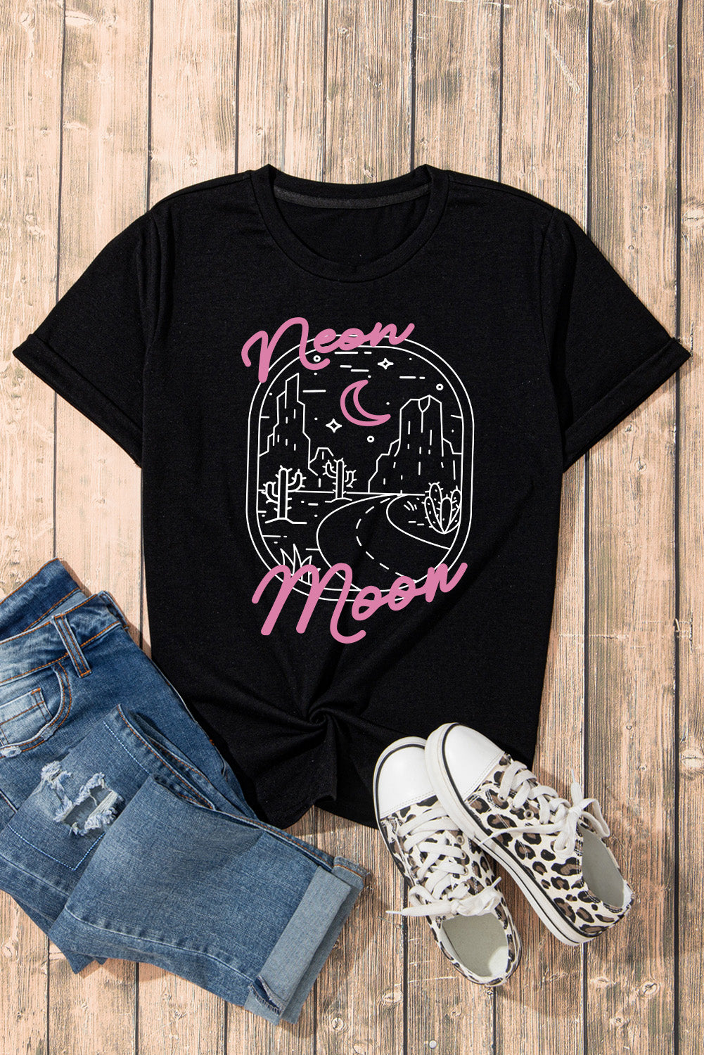 Black neon moon Letter Graphic Short Sleeve Top Graphic Tees JT's Designer Fashion