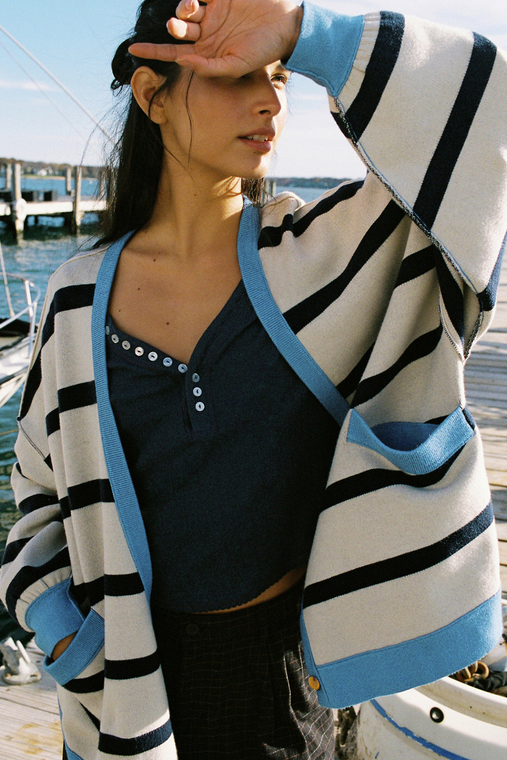 White Colorblock Drop Shoulder Buttoned Loose Cardigan Cardigans JT's Designer Fashion