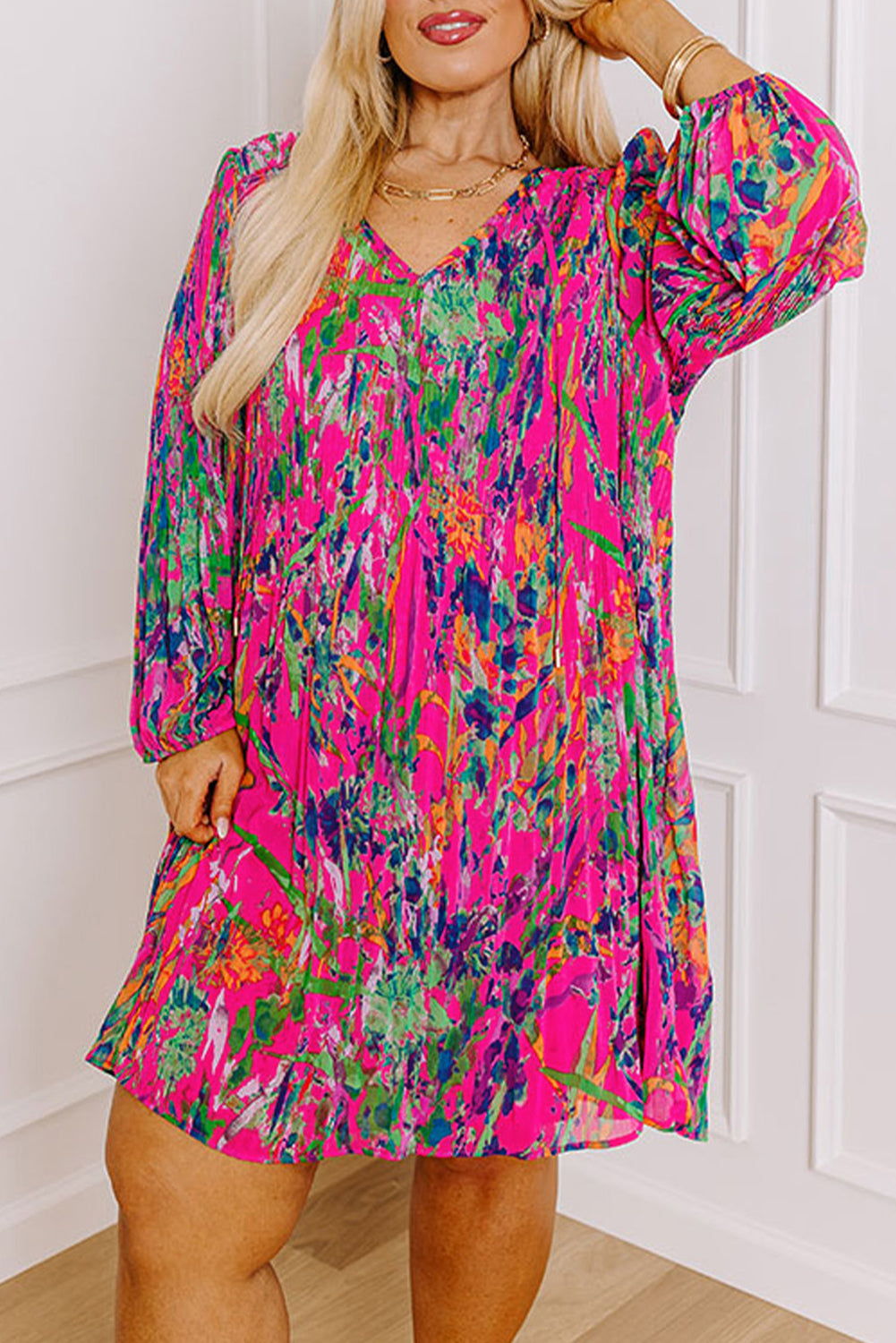 Rose Plus Size Abstract Floral Print Pleated Loose Dress Plus Size Mini Dresses JT's Designer Fashion