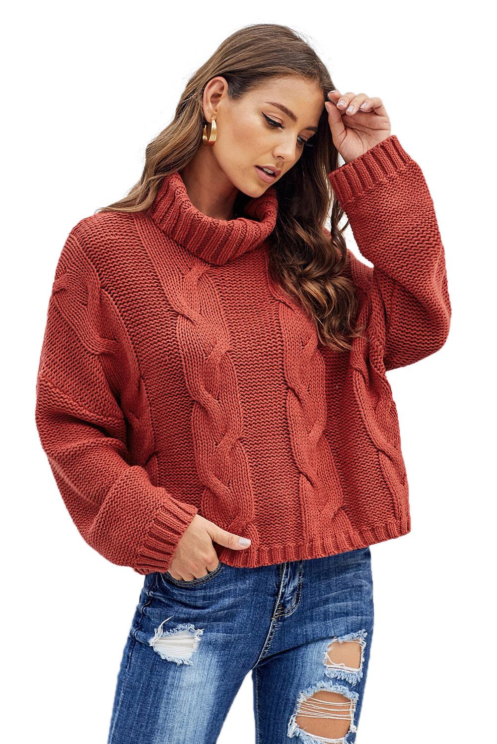 Fiery Red Cuddle Weather Cable Knit Handmade Turtleneck Sweater Sweaters JT's Designer Fashion