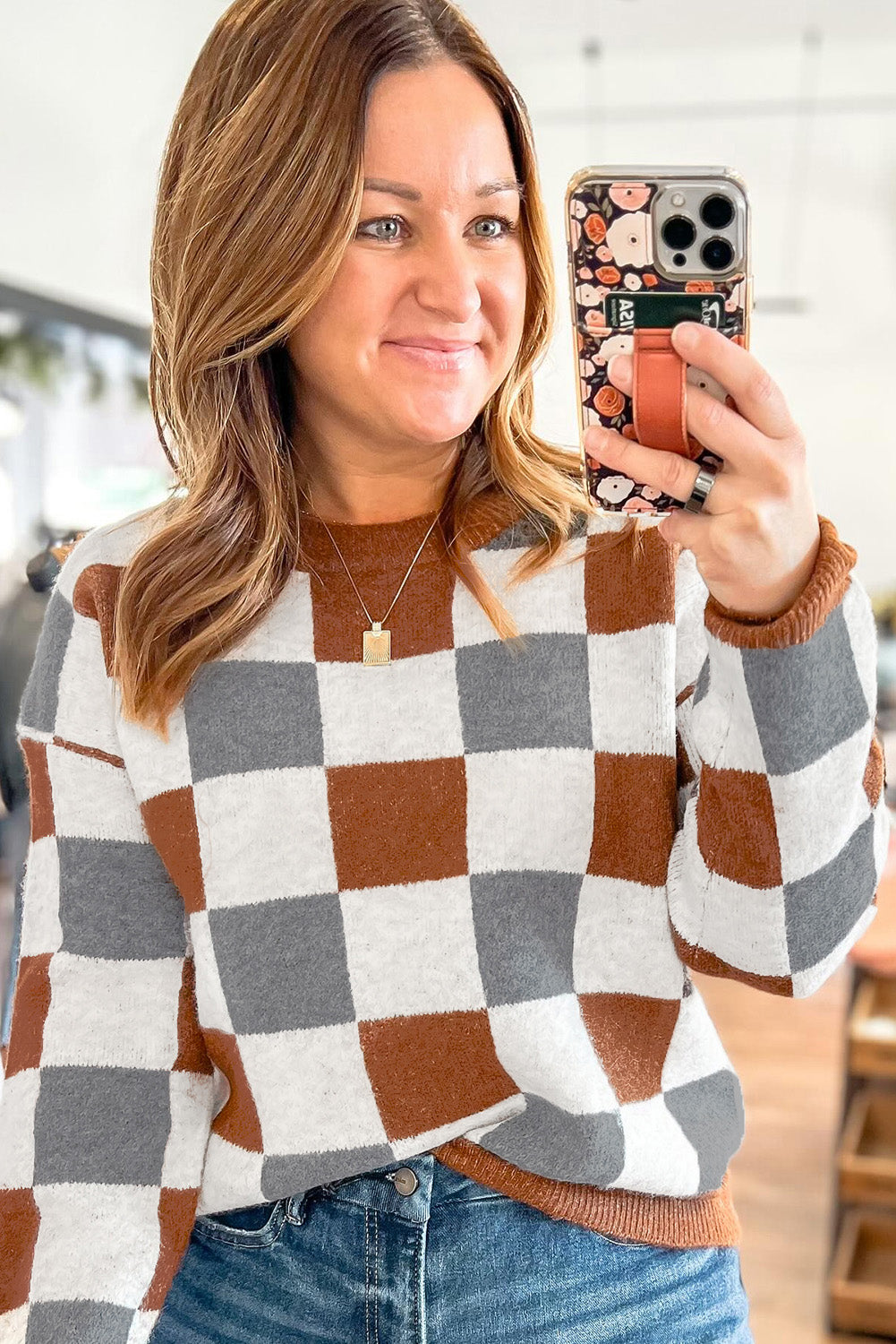 Brown Plus Size Checkered Crewneck Sweater Plus Size Sweaters & Cardigans JT's Designer Fashion