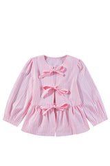 Pink Stripe Bowknot Front Crew Neck Puff Sleeve Blouse Blouses & Shirts JT's Designer Fashion