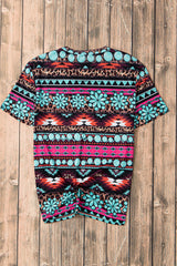 Green Western Aztec Turquoise Leopard Print V Neck Tee Graphic Tees JT's Designer Fashion
