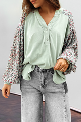 Meadow Mist Green Contrast Printed Bubble Sleeve Henley Loose Top with Slits Long Sleeve Tops JT's Designer Fashion