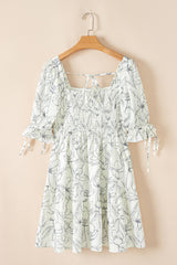 Beige Floral Print Square Neck Shirred Back Puff Sleeve Mini Dress Floral Dresses JT's Designer Fashion