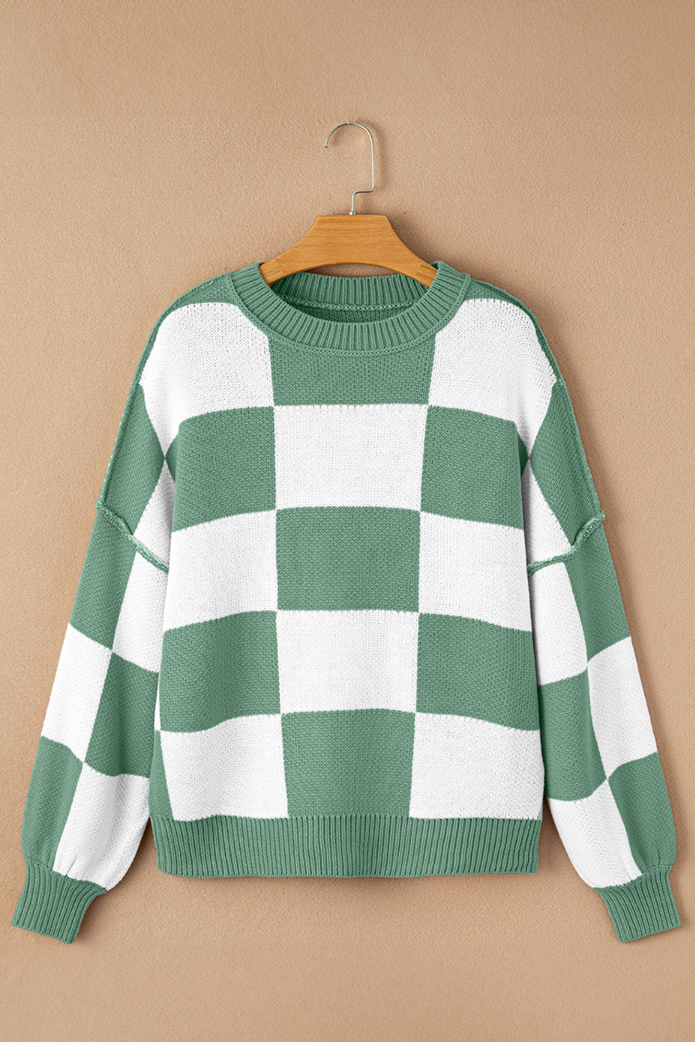 Green Checkered Bishop Sleeve Sweater Sweaters JT's Designer Fashion