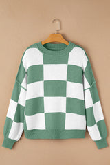Green Checkered Bishop Sleeve Sweater Sweaters JT's Designer Fashion