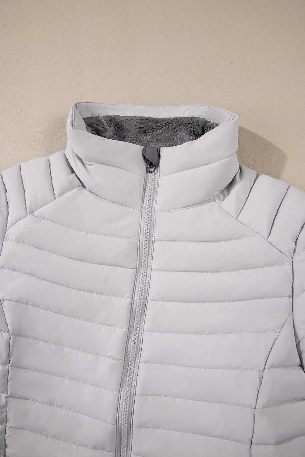 Silvery Solid Color Quilted Zip-up Puffer Jacket Jackets JT's Designer Fashion