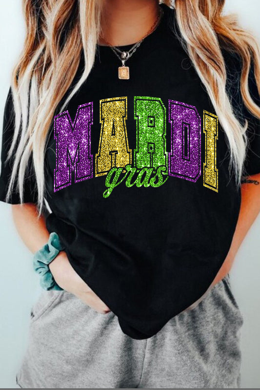 Black Mardi Gras Heat Transfer Graphic Holiday Tee Graphic Tees JT's Designer Fashion