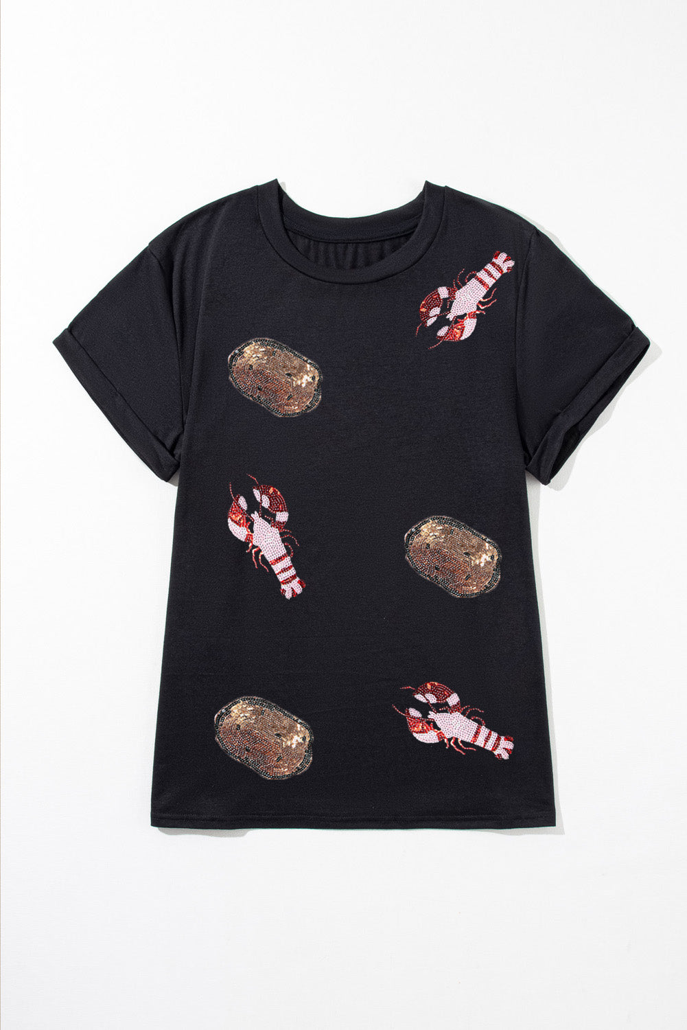 Black Sequin Crawfish Potato Graphic Plus Size T Shirt Graphic Plus Size JT's Designer Fashion