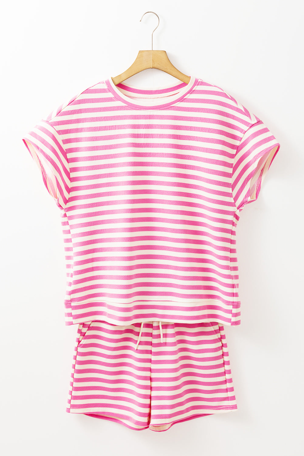 Rose Stripe Crew Neck T Shirt and Drawstring Shorts Set Short Sets JT's Designer Fashion