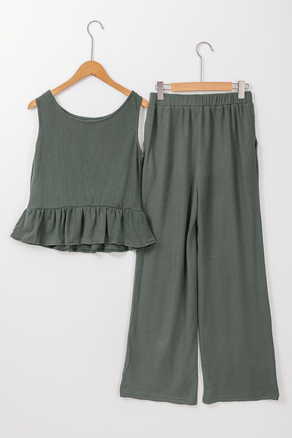 Duffel Green Solid Color Ribbed Ruffle Tank Top and Pants Set Pant Sets JT's Designer Fashion