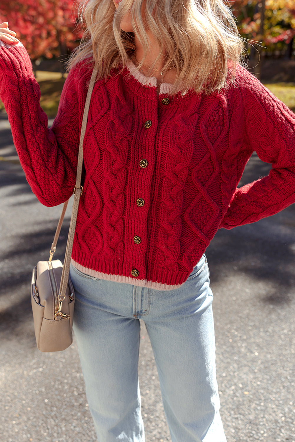 Racing Red Color Contrast Edge Cable Knit Buttoned Cardigan Cardigans JT's Designer Fashion