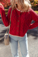 Racing Red Color Contrast Edge Cable Knit Buttoned Cardigan Cardigans JT's Designer Fashion