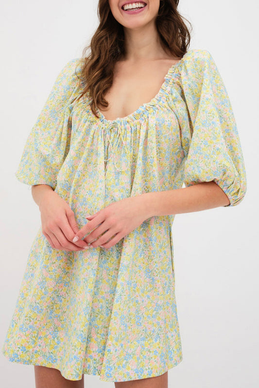 Green Floral Half Sleeve Frilled U Neck A-line Short Dress Green 100%Polyester Floral Dresses JT's Designer Fashion