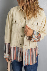 Button Up Pockets Striped Color Block Corduroy Jacket Beige 95%Polyester+5%Spandex Jackets JT's Designer Fashion
