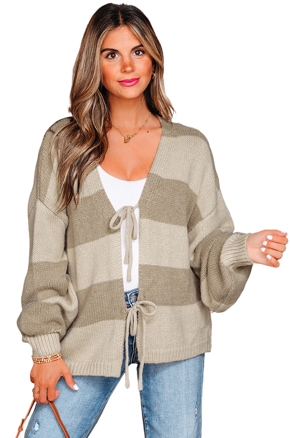 Khaki Striped Color Block Brushed Knit Bow Tie Front Sweater Cardigan Cardigans JT's Designer Fashion