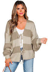 Khaki Striped Color Block Brushed Knit Bow Tie Front Sweater Cardigan Cardigans JT's Designer Fashion