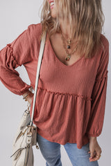Mineral Red Solid Color Textured Frilled Trim V Neck Puff Sleeve Blouse Blouses & Shirts JT's Designer Fashion
