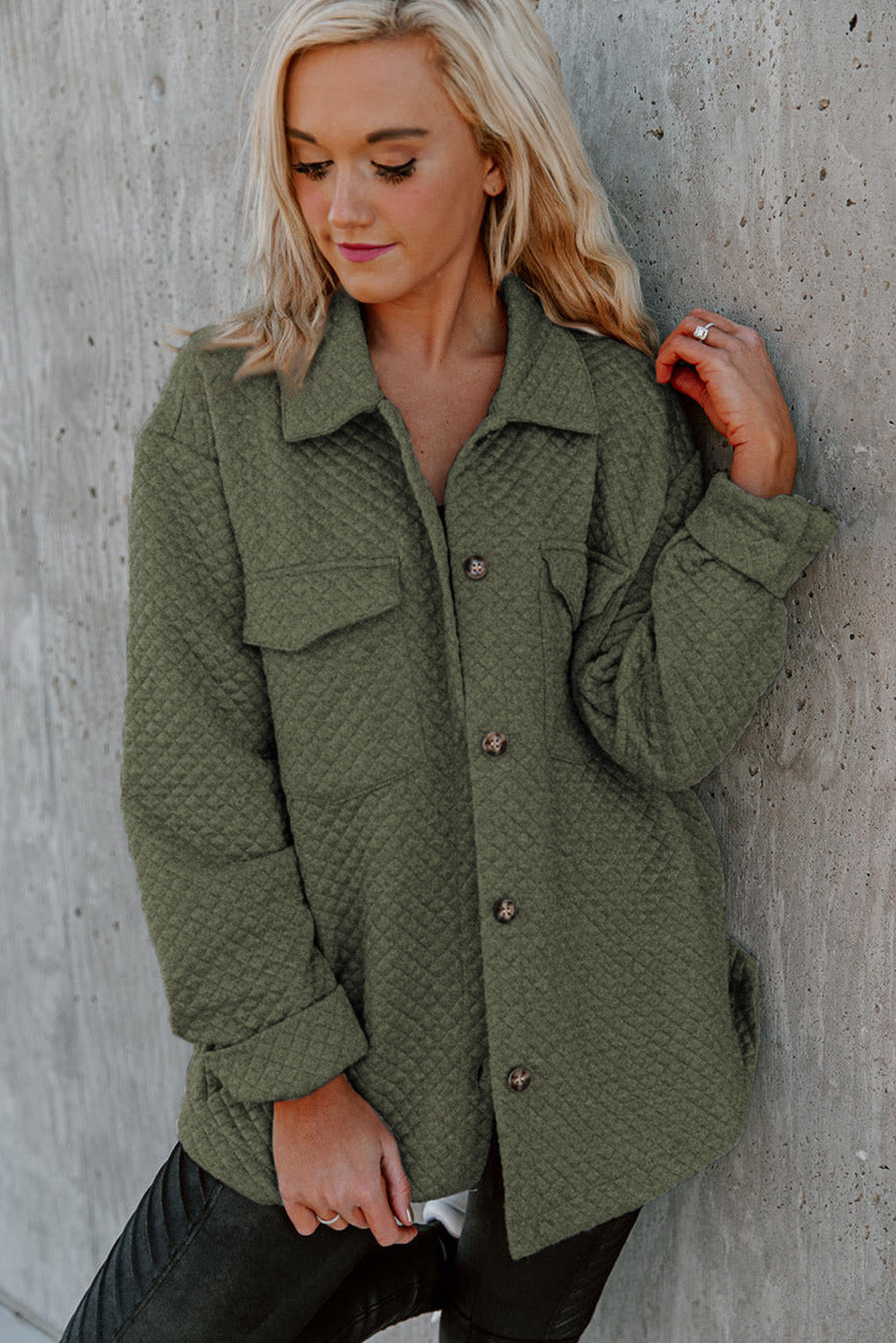 Green Retro Quilted Flap Pocket Button Shacket Jackets JT's Designer Fashion